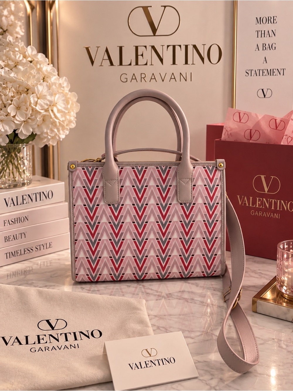 Valentino Garavani Pink Chevron Satchel with Detachable Strap